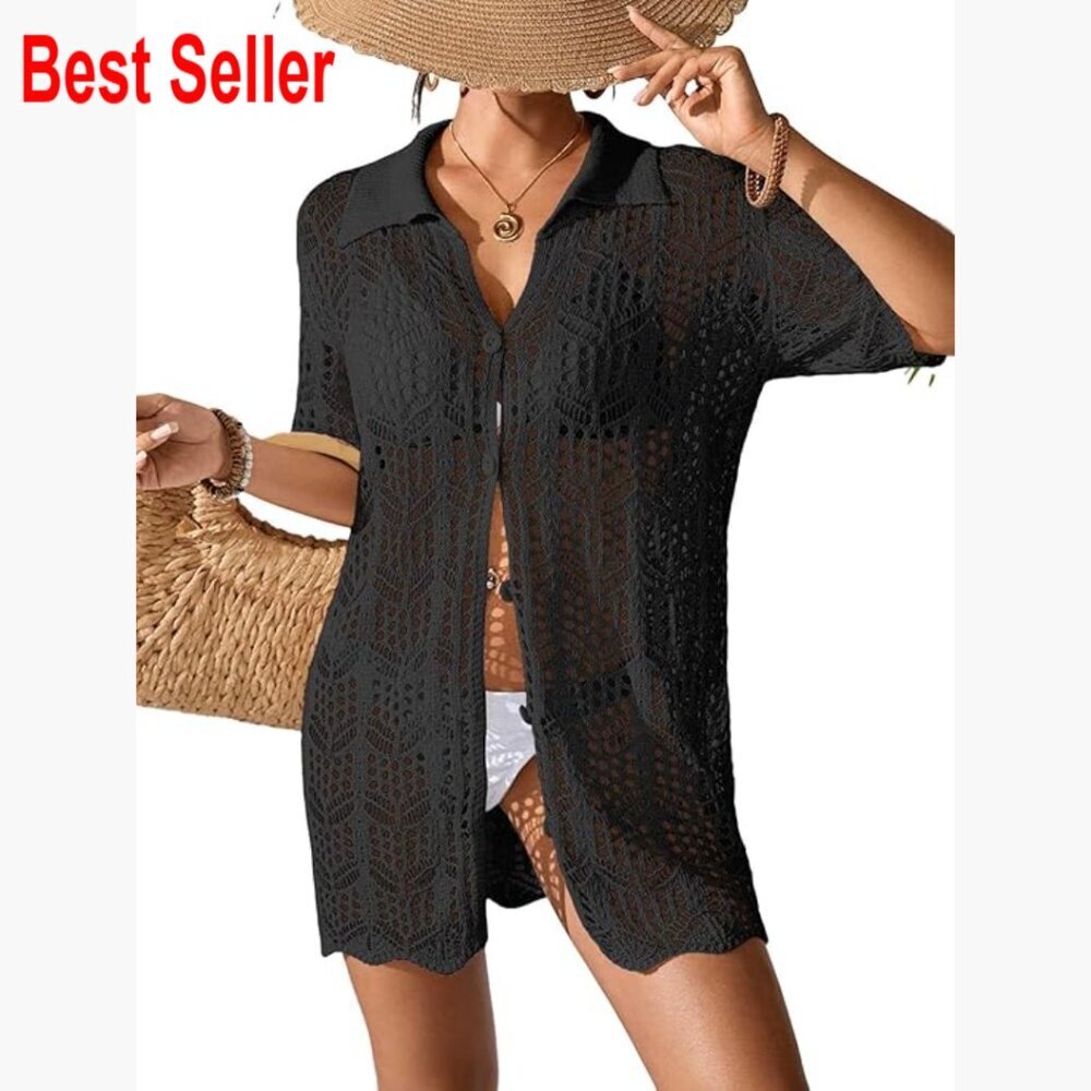Crochet Knit Polo Collar Swimsuit Coverup Cardigan Beach Cover Up